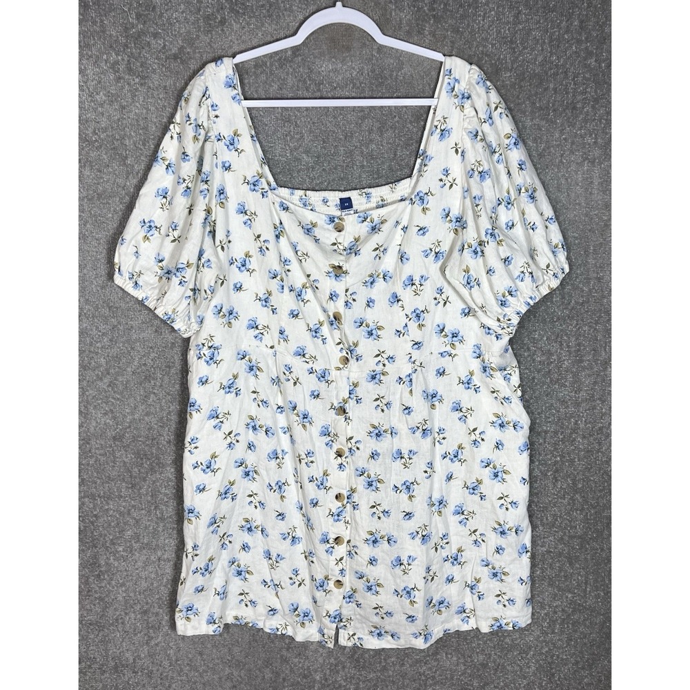 Old Navy Linen Blend Button Up Dress Womens Sz 3X White Blue Floral Smocked New